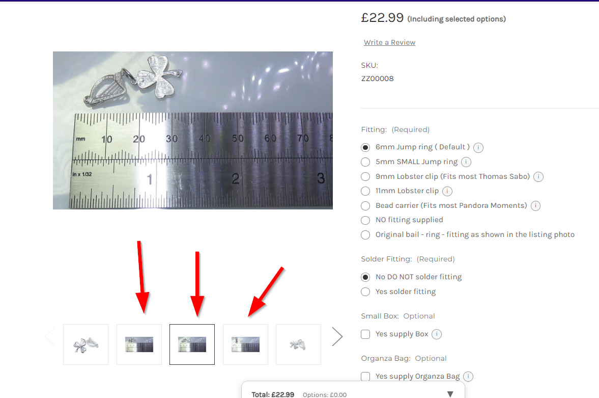 Example product page with extra images indicated with arrows. Screenshot of an example product page to illustrate where you can see the extra images against the ruler to tell the size