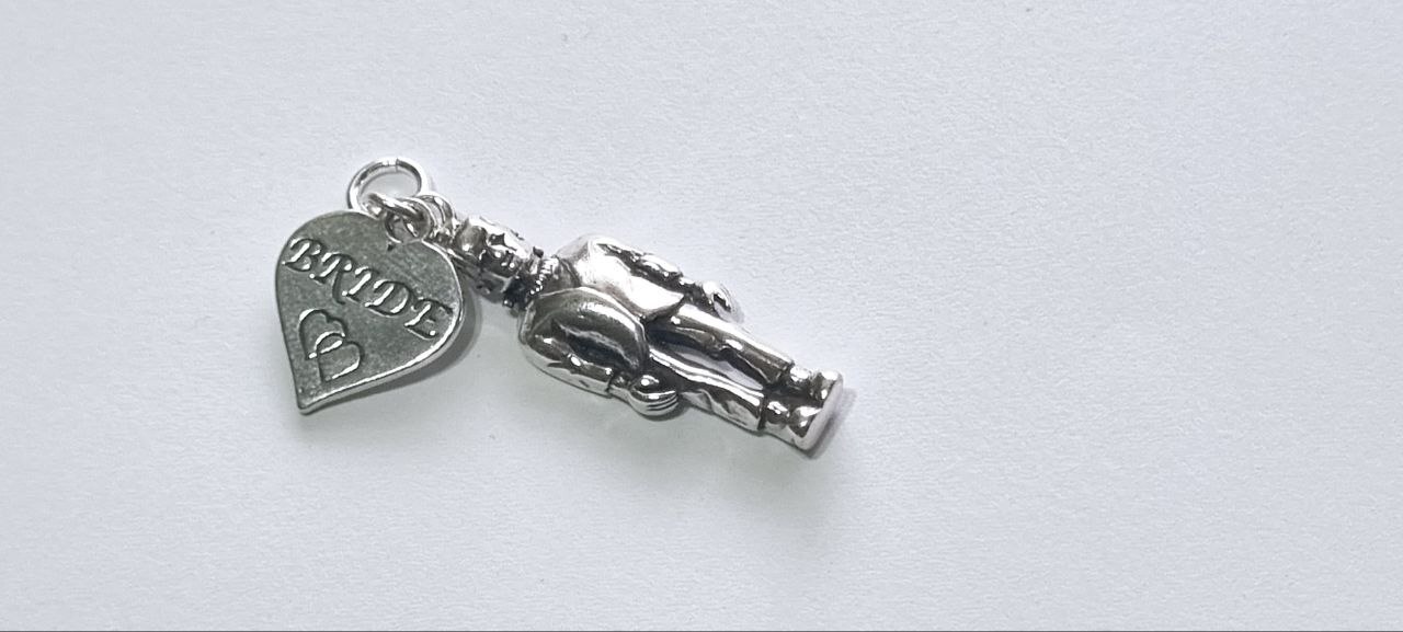 BRIDE heart tag with Frankenstein charm, front view